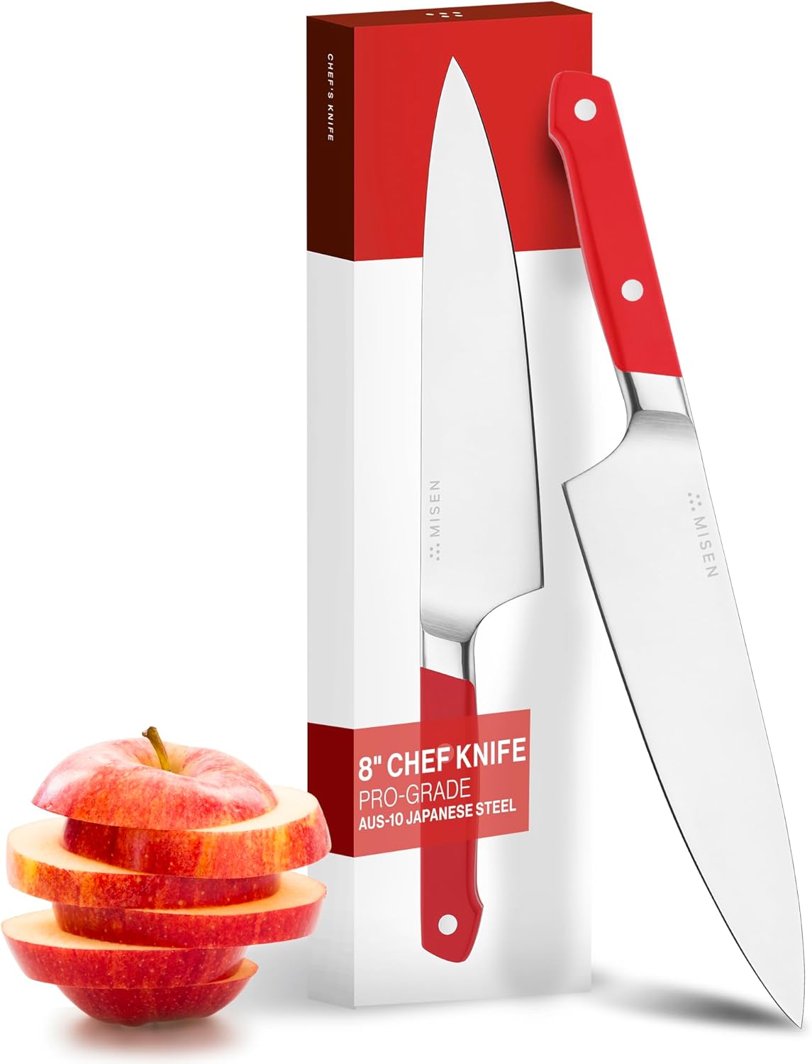 Misen 8" Chef Knife – High Carbon Japanese AUS-10 Stainless Steel – Hybrid German & Japanese Blade – Precision Kitchen Knife for Professionals & Home Cooks – Ultimate Cutting Performance - Red