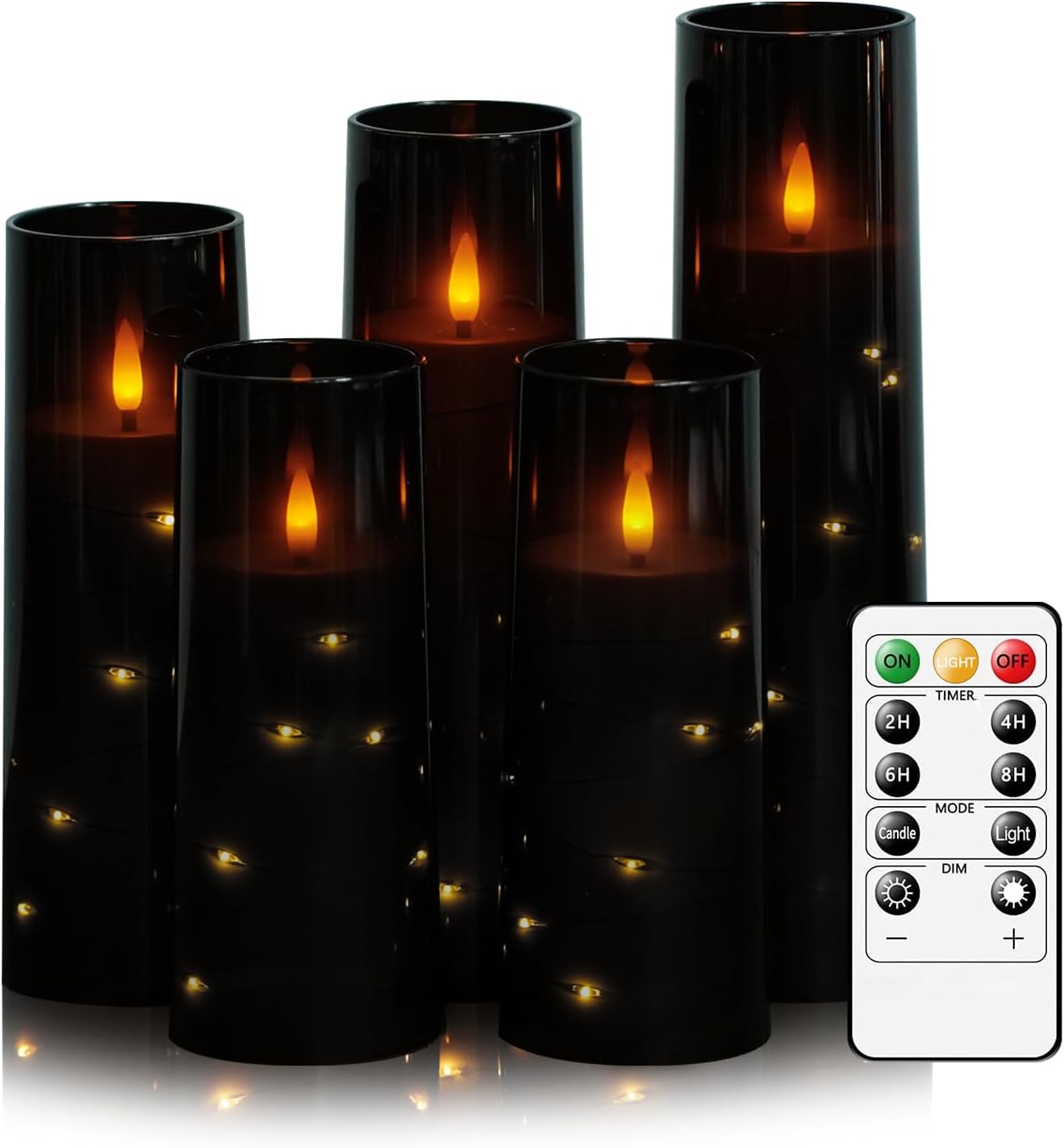Flameless LED Candles with Timer 5 Pc Flickering Flameless Candles for Romantic Ambiance and Home Decoration Stable Acrylic Shell,with Embedded Star String,Battery Operated Candles(Grey)