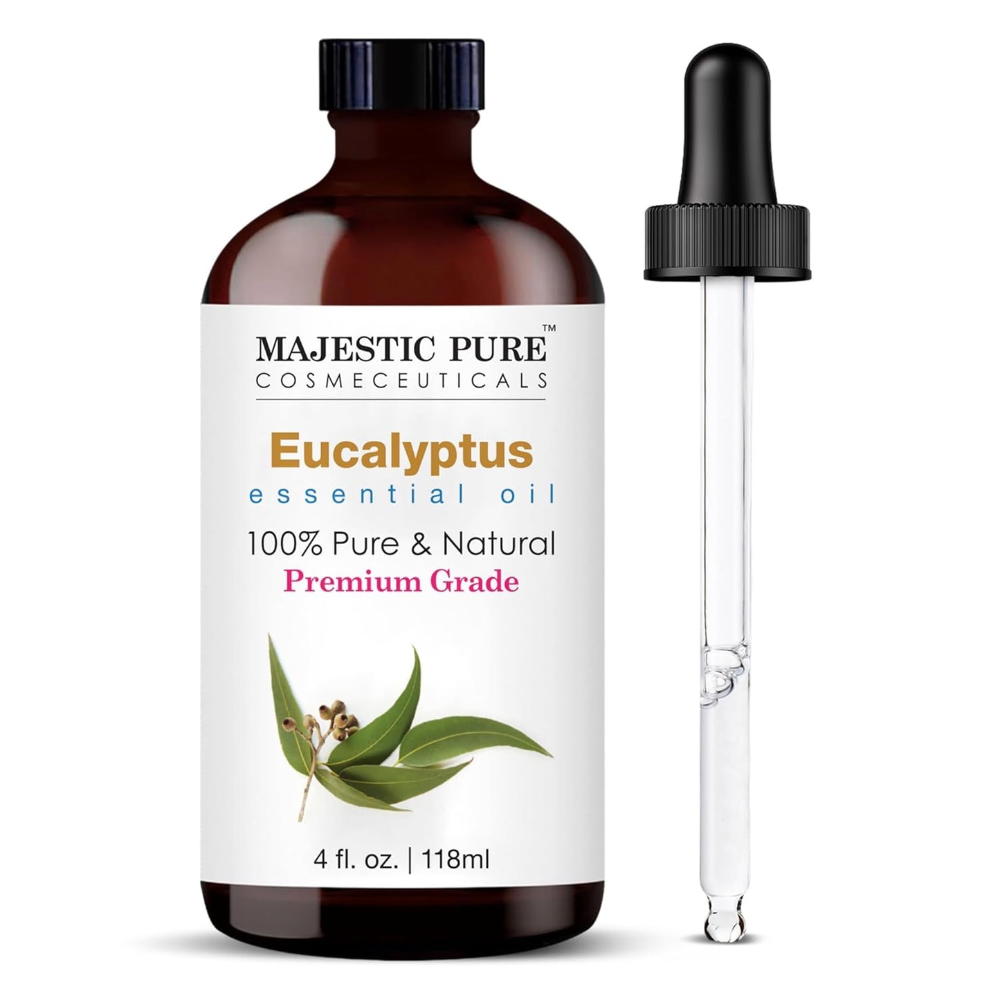 Majestic Pure Eucalyptus Essential Oil with Glass Dropper - Huge 4 Fl Oz - 100% Pure and Natural Eucalyptus Oil - Premium Grade Essential Oils for Diffuser, Aromatherapy, Soap and Candle Making