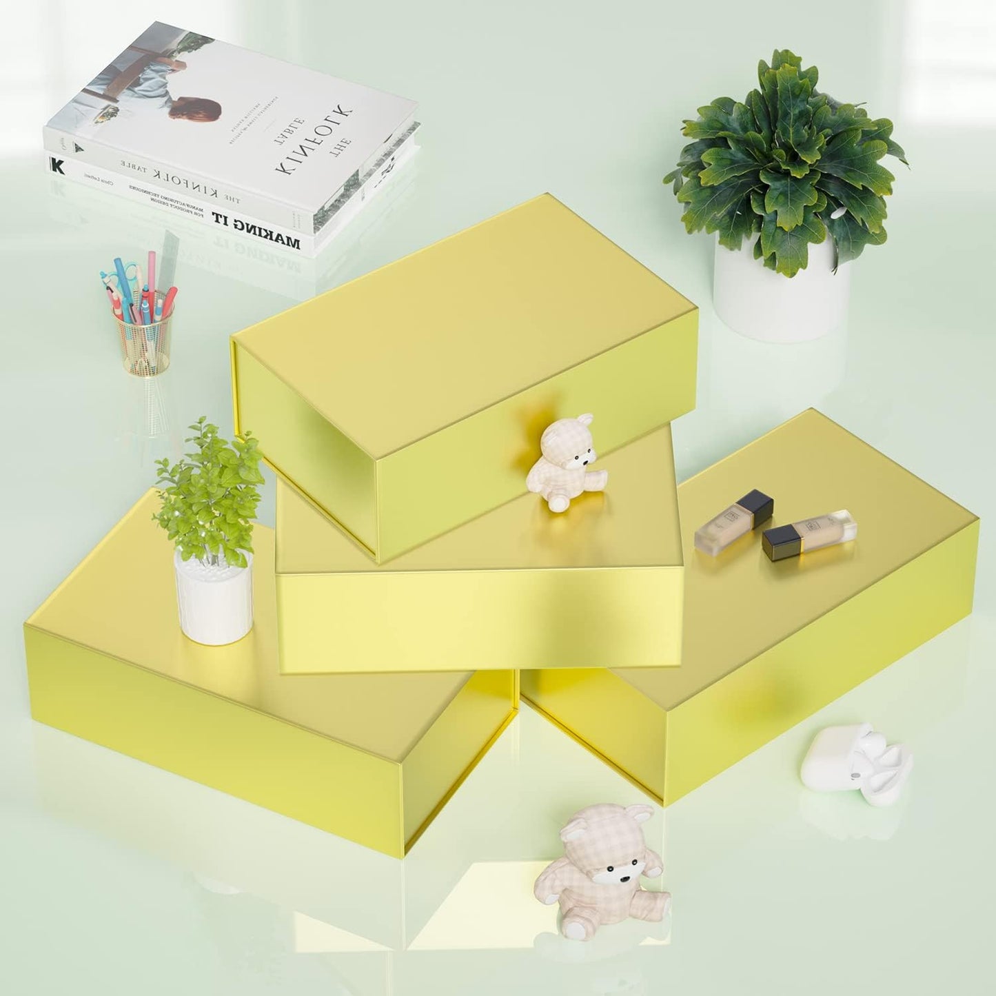 Gold Gift Box, 9.5x6x3'' Gift boxes for Presents with Lids Magnetic Closure Rectangle Collapsible for Bridesmaid Proposal Box, Wedding, Christmas, Halloween, Birthday Gift Packging