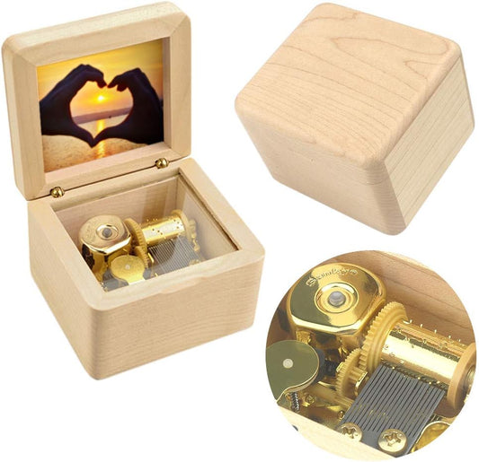 Sinzyo Natural Wooden Music Box with Customizable Photos Wind Up Musical Box Gifts for Christmas,Birthday and Valentine's Day(Simple Maple, Tone:Over The Rainbow)