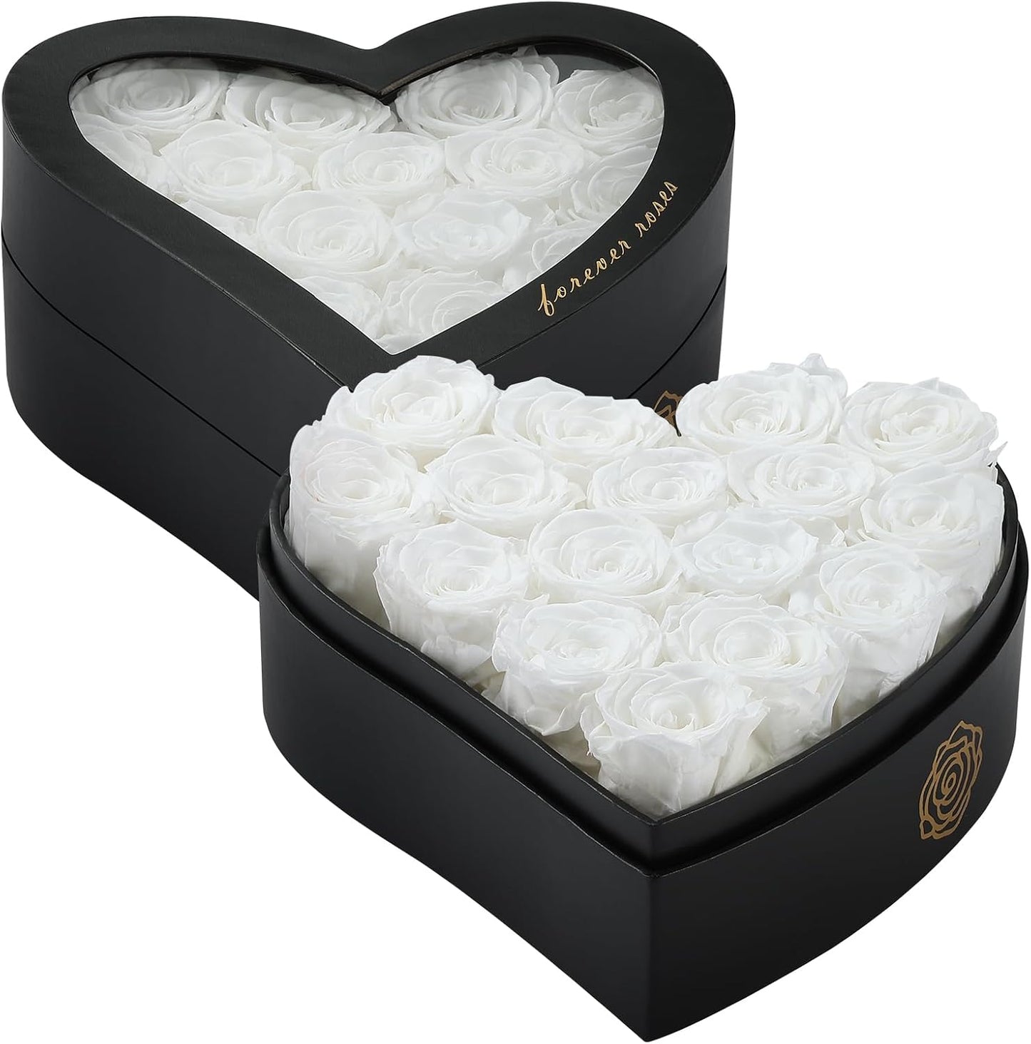 16 Forever Flowers in Heart Shaped Box - Preserved Roses Romantic Gifts for Her, Valentine’s Day, Anniversary, Wedding (White)