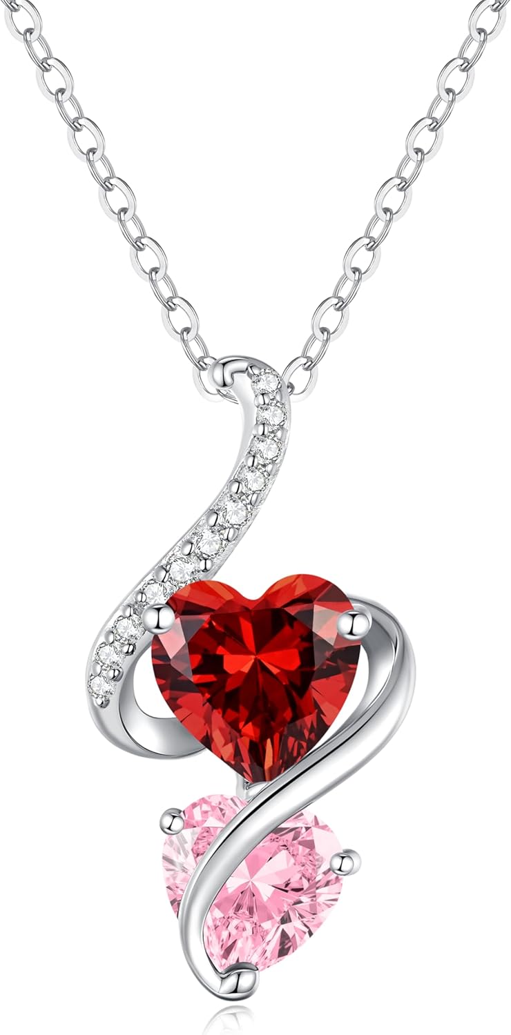 LOUISA SECRET Unique Double Heart Necklace Gifts for Wife Women, 925 Sterling Silver Tiny Birthstone Pendant Jewelry Gift for Her Girlfriend Mom Valentine's Day Anniversary Mother's Day Birthdays & Christmas