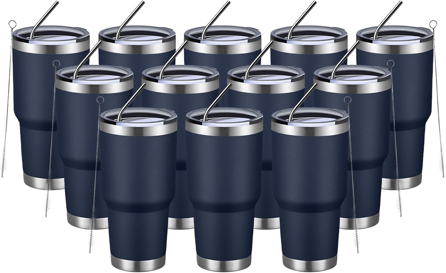 MEWAY 30oz Insulated Tumbler With Lids and Straws,Stainless Steel Double Vacuum Coffee Tumbler Cup, Brush, Durable Powder Coated Coffee Cup for Cold & Hot Drinks, Office, Travel(Navy,12 PACK)