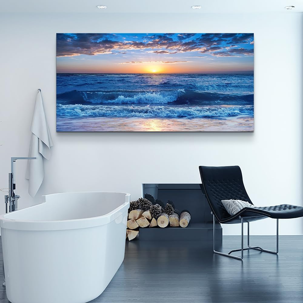 Wapluam Large Canvas Wall Art For Office Farmhouse Living Room Ocean Beach Wall Paintings Blue Sea View Wave Wall Pictures Framed Prints Artwork Modern Bedroom Home Decor 30"X 60"