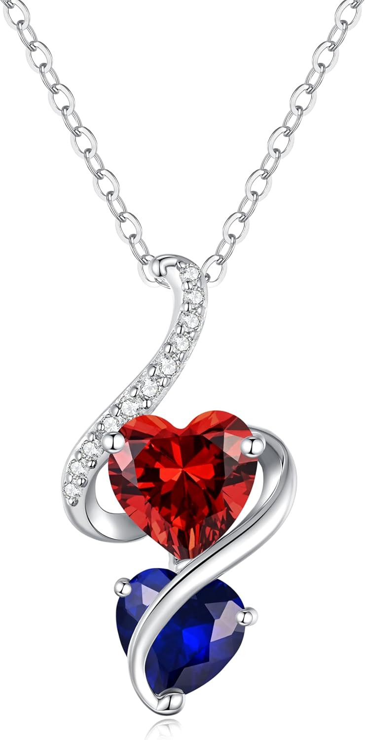 LOUISA SECRET Unique Double Heart Necklace Gifts for Wife Women, 925 Sterling Silver Tiny Birthstone Pendant Jewelry Gift for Her Girlfriend Mom Valentine's Day Anniversary Mother's Day Birthdays & Christmas