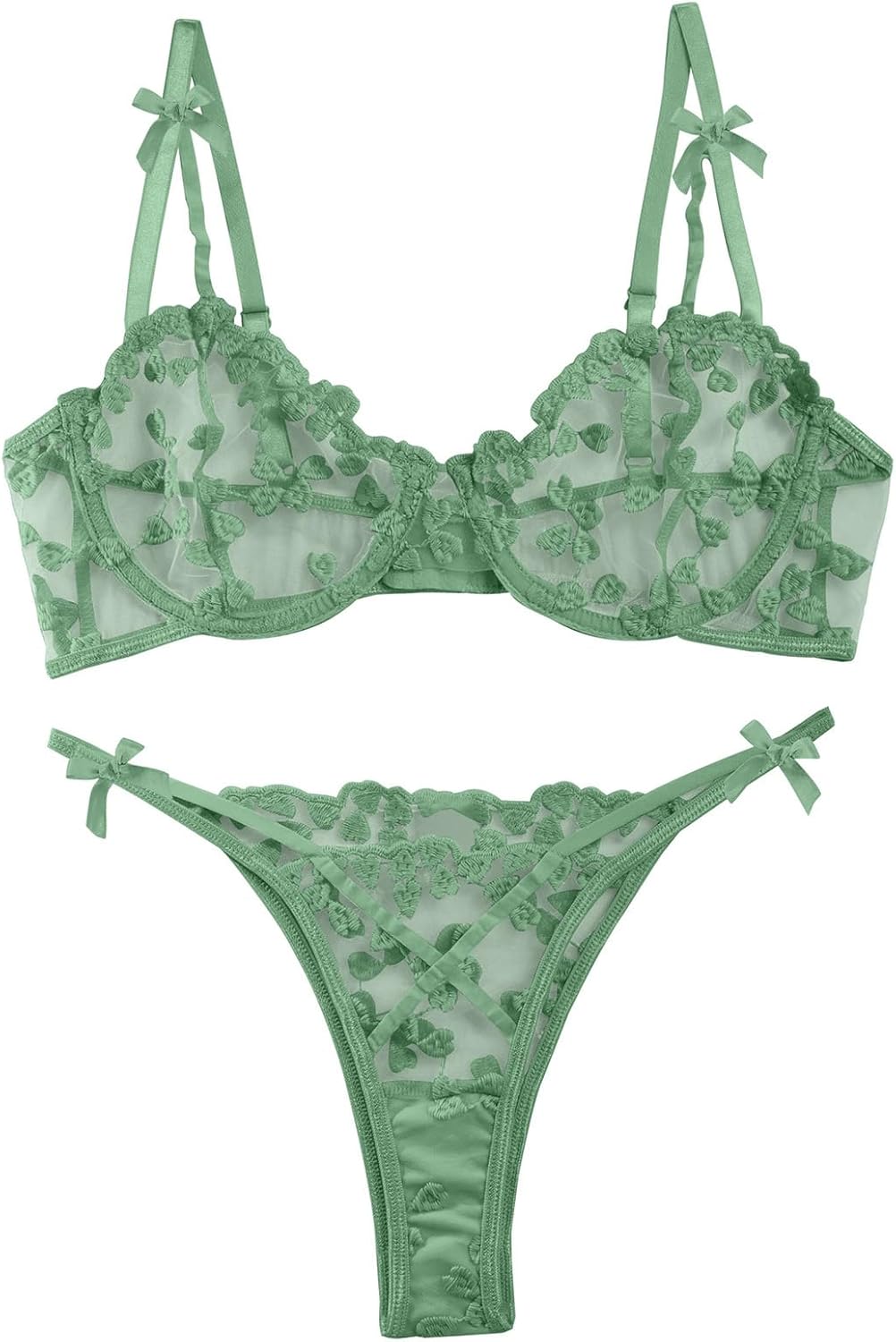 Lilosy Sexy Underwire Cute Push Up Strappy Embroidered Mesh Sheer Lingerie Set See Through Panty Bra