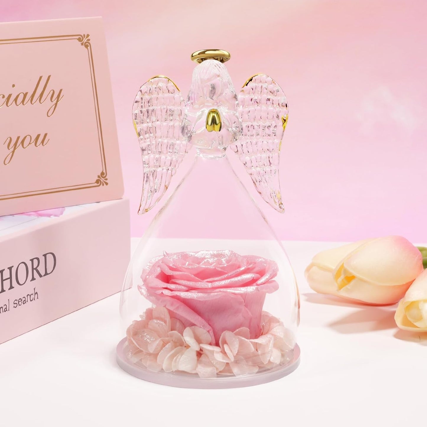 Yamonic Mom Birthday Gifts for Mom, Glass Angel Figurines with Real Rose Gifts for Moms Grandma, Preserved Flowers Real Rose Mothers Day Birthday Valentine’s Day Angel Gifts for Women Her(Pearl Pink)