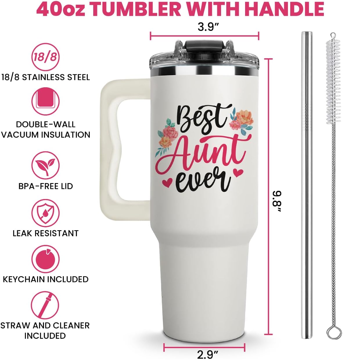 Vivulla68 Best Aunt Ever Tumbler 40Oz With Handle, Aunty Gifts from Niece Nephew, Best Auntie Ever Present, Aunty Cup, Funny Drinking Cups Ideas For Her, Gift for Auntie