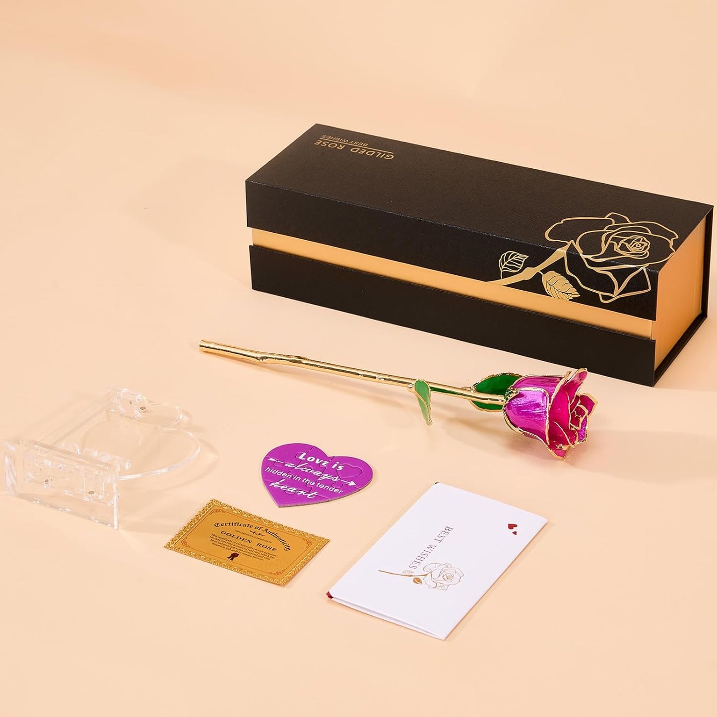 Mikasol Real 24K Gold Dipped Realistic Rose – Timeless Lifelike Bloom with Heart Puzzle Base – Romantic Gradient Purple Flower Gift for Her, Wife, Girlfriend, Mom – Birthday, Anniversary, Mother’s Day