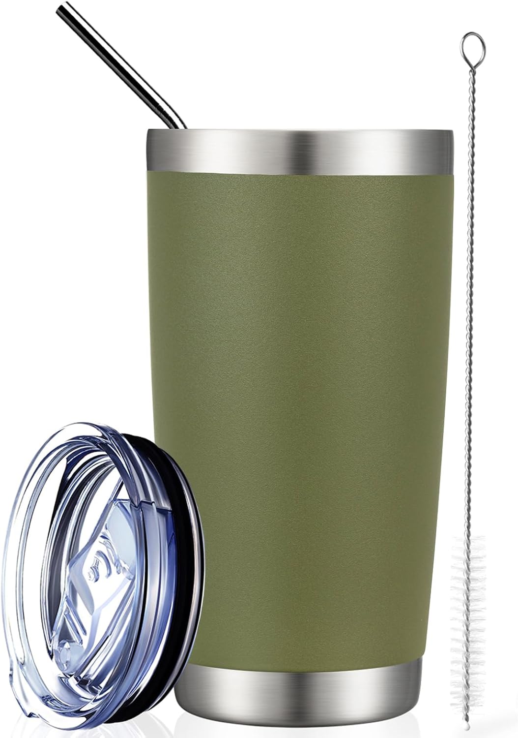 COMOOO 20oz Double Wall Vacuum Insulated Travel Mug, Stainless Steel Tumbler with Lid and Straw Durable Powder Coated Insulated Coffee Cup for Cold & Hot Drinks(Army Green, 1 Pack)