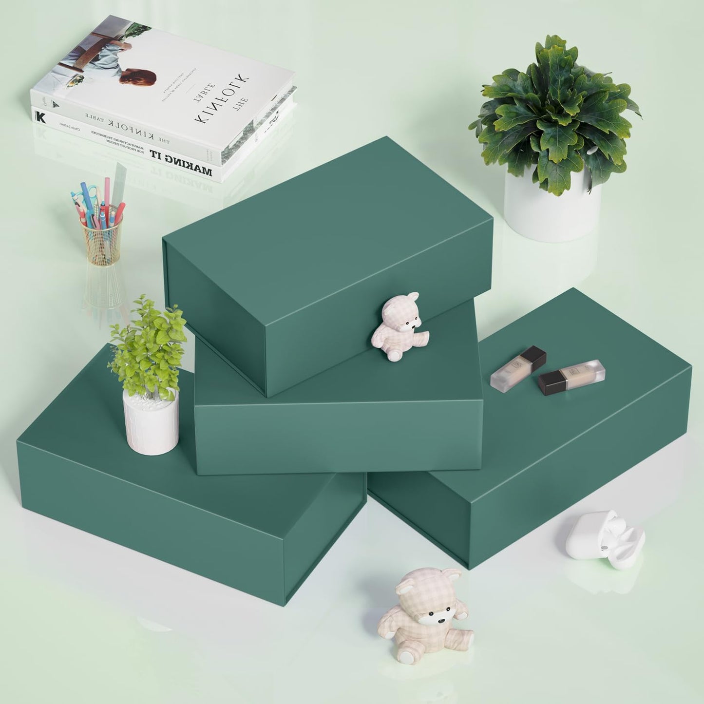 5 Pack Green Gift Box, 12x6x4'' Gift box for Presents with Lids Magnetic Closure Rectangle Collapsible for Bridesmaid Proposal Box, Wedding, Christmas, Halloween, Birthday Gift Packging