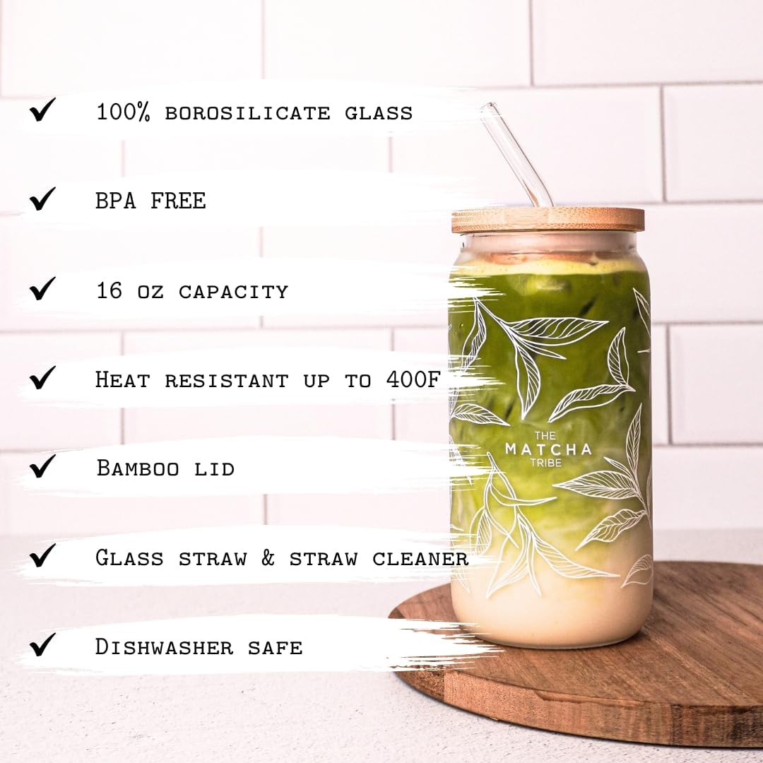 Tumbler With Straw and Lid. Borosilicate Glass - BPA Free Reusable Heat Resistant 16oz Can Shaped Drinking Glass. Great Matcha Cup Gift for Matcha Lovers.