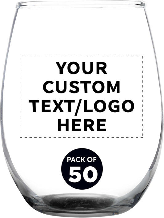 Custom Stemless Wine Glass 9 oz. Set of 50, Personalized Bulk Pack - Great for Wedding Favors, Bachelorette Party Decorations, Party Favors, Color Bottom - Black