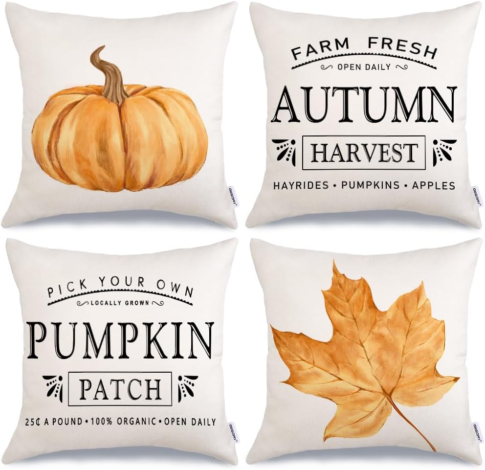 GEEORY Fall Pillow Covers 18x18 inch Set of 4 Pumpkin Maple Leaf Harvest Outdoor Fall Pillows Decorative Throw Pillows Farmhouse Thanksgiving Autumn Cushion Case for Couch