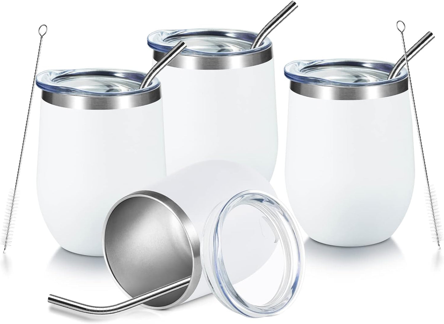 COMOOO 12oz Stainless Steel Wine Tumbler with Lid and Straw, Insulated Wine Tumbler Cup, Stemless Wine Glass Tumbler for Hot and Cold Drinks,Champagne, Cocktails, White, 4 Pack