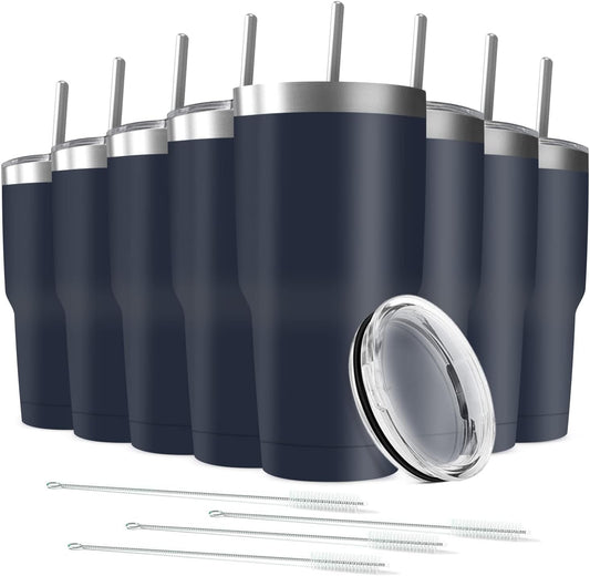 30oz Tumbler Vacuum Insulated Travel Mug with Lids, Stainless Steel Double Wall Bulk Cup for Home, Office, Outdoor Suitable for Vehicle Cup Holders(Set of 8, Navy)