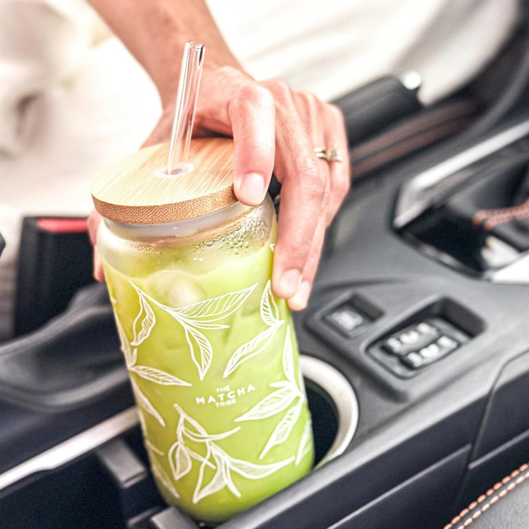 Tumbler With Straw and Lid. Borosilicate Glass - BPA Free Reusable Heat Resistant 16oz Can Shaped Drinking Glass. Great Matcha Cup Gift for Matcha Lovers.