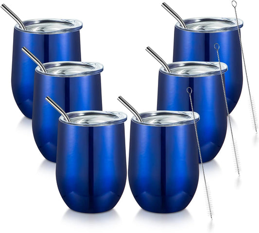 COMOOO Stainless Steel Wine Tumbler Glasses Bulk with Lid and Straw 12oz Double Wall Vacuum Insulated Tumbler Cup Stemless for Hot and Cold Drinks, Coffee, Wine, Cocktails (Royal blue, 6 Pack)
