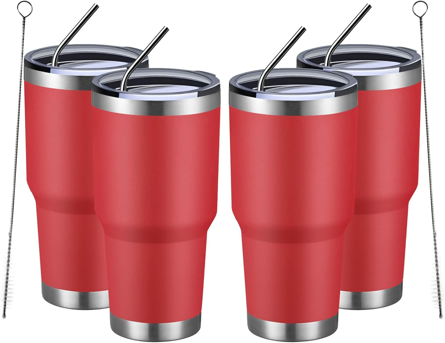 MEWAY 30oz Insulated Tumbler With Lids and Straws,Stainless Steel Double Vacuum Coffee Tumbler Cup, Brush, Durable Powder Coated Coffee Cup for Cold & Hot Drinks, Office, Travel(Coral red,4 PACK)