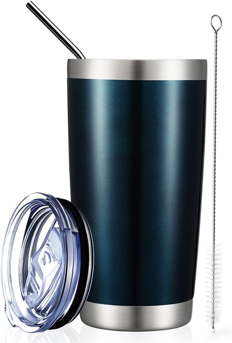 COMOOO 20oz Double Wall Vacuum Insulated Travel Mug, Stainless Steel Tumbler with Lid and Straw Durable Powder Coated Insulated Coffee Cup for Cold & Hot Drinks (Peacock blue, 1)