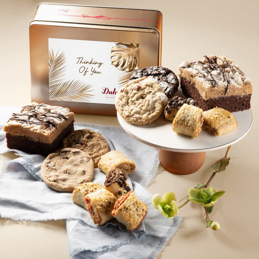 Dulcet Gift Basket Thinking of You Classic Old Fashioned Gift Tin Box Assorted Gourmet Treats Ideal Gift for Men, Women, Family, and, Friends.