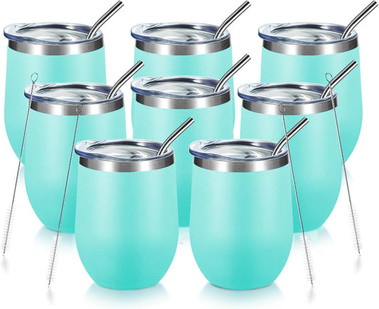 COMOOO Insulated Wine Tumbler Cup Bulk 12oz Stainless Steel Wine Glass Tumbler with Lid ans Straw for Hot and Cold Drinks, Coffee, Wine, Champagne, Cocktails, Blue, 8 Pack