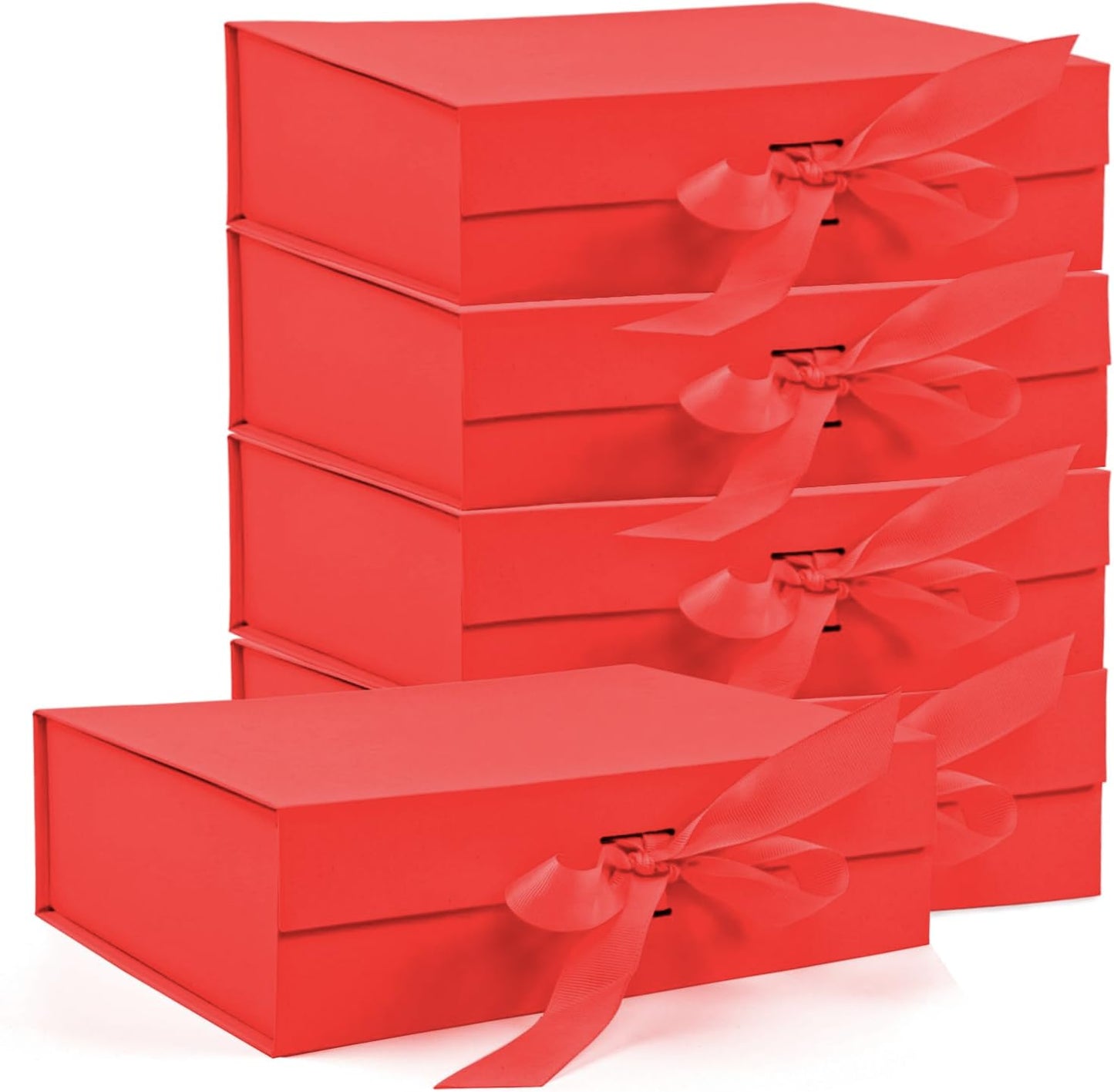 Large Gift Box, 5-Pack Magnetic Lid Gift Box Ribbon Closure Bo Elegant Gift Packaging Luxury Gift Box Decorative Gift Box,10.5x7.5x3.1" - Multi-Occasion Packaging Boxes (Red)