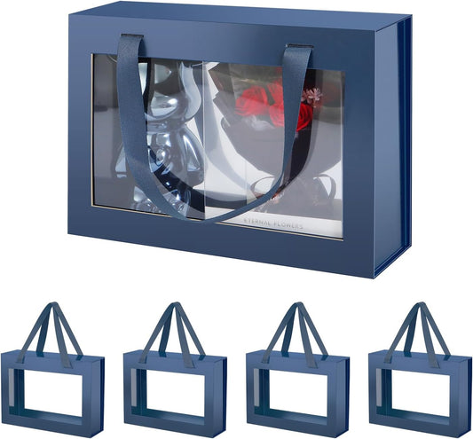JINGUAN 5 Navy Blue Gift Boxes with Windows, Gift Boxes with Lids and Handles, Clear Magnetic Gift Boxes for Presents, Groomsman Proposal Boxes (10.5x7.5x3 Inches