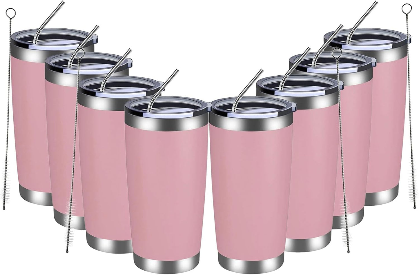 MEWAY 20oz Tumbler 8 Pack Double Wall Vacuum Insulated Travel Mug Bulk, Stainless Steel Tumblers with Lid and Straw, Durable Powder Coated Coffee Cups for Cold & Hot Drinks (Pink, 8)