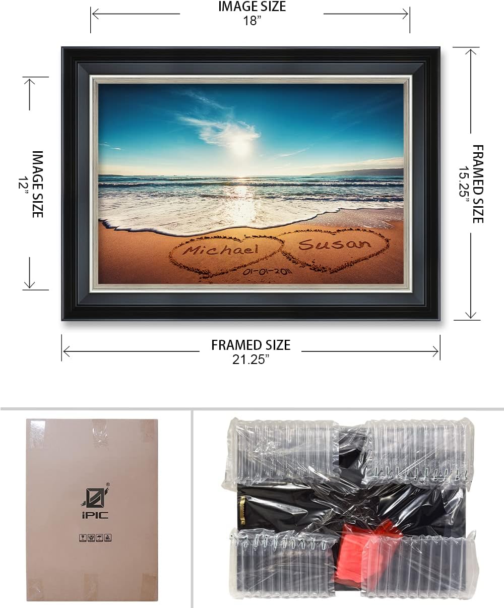 IPIC - Heart in Heart, Personalized Framed Wall Art with Names and Date on, Giclee Prints with Solid Wood Frame, Customized Gift and Memorial Gifts for Wedding Anniversary.