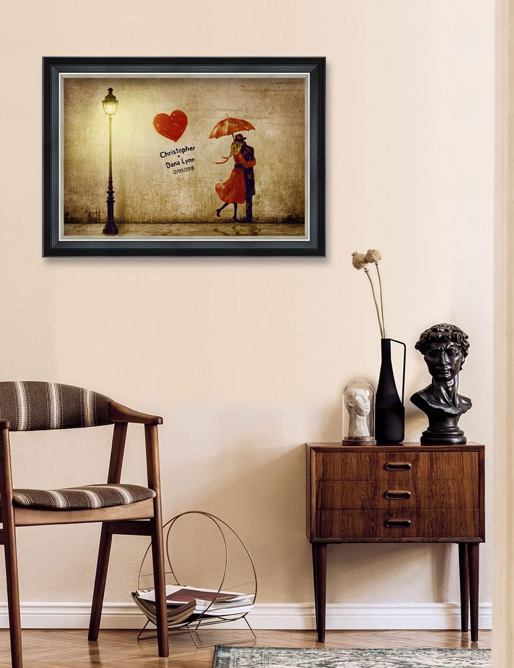IPIC - Our First Kiss Personalized Framed Wall Art with Names and Date on, Giclee Prints with Solid Wood, Custom Gifts for Anniversary. Total Framed Size: 27.25" W x 19.25" H