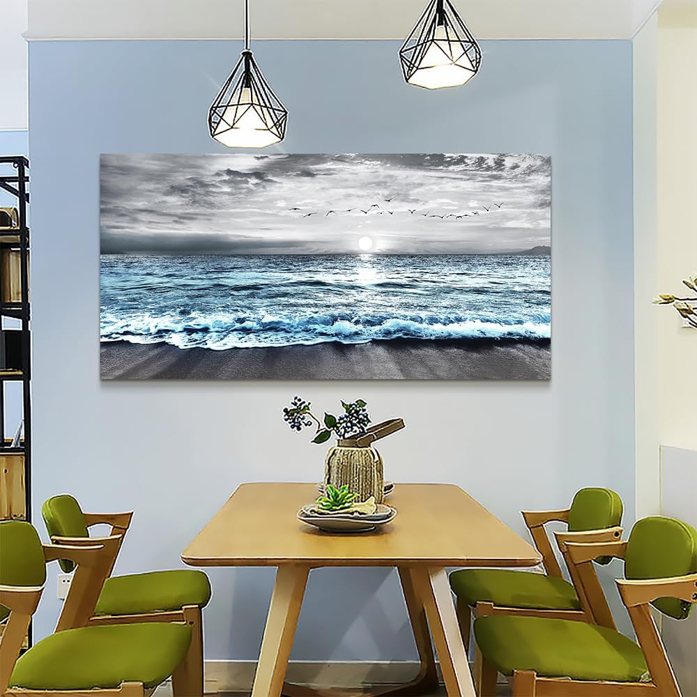 Wapluam Large Canvas Wall Art For Living Room Wall Decor For Bedroom Office Wall Decorations Black And White Painting Blue Sea Wave Pictures Artwork For Modern Stretched and Framed Beach Posters