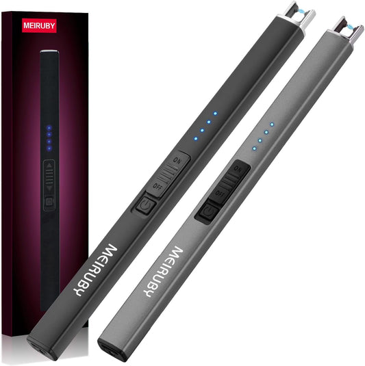 2 Pack Electric Candle Lighter - Long, Rechargeable, Arc Windproof, Flameless Lighters for Candle, Camping, BBQ, Birthday Gifts - Black, Gray