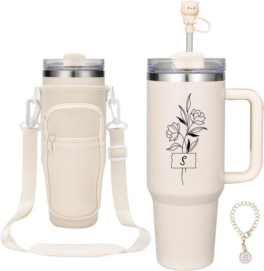 AW BRIDAL 40oz Stainless Steel Tumbler Set with Handle, Tumblers with Lid, Straw, Letter Chain, Protective Sleeve - Personalized Friend Birthday Gifts for Women Sister Mom Wife, Letter S