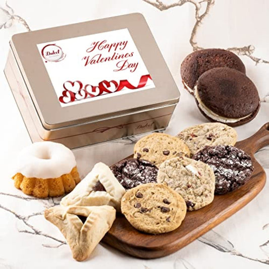 Dulcet Gift Baskets Happy Valentines Day Tasteful Treats Tin Gift Basket Filled with Gourmet Bakery Goods Ideal Gift Idea for Your Love, Wife, Girlfriend, Mom, Daughter, or Coworker.