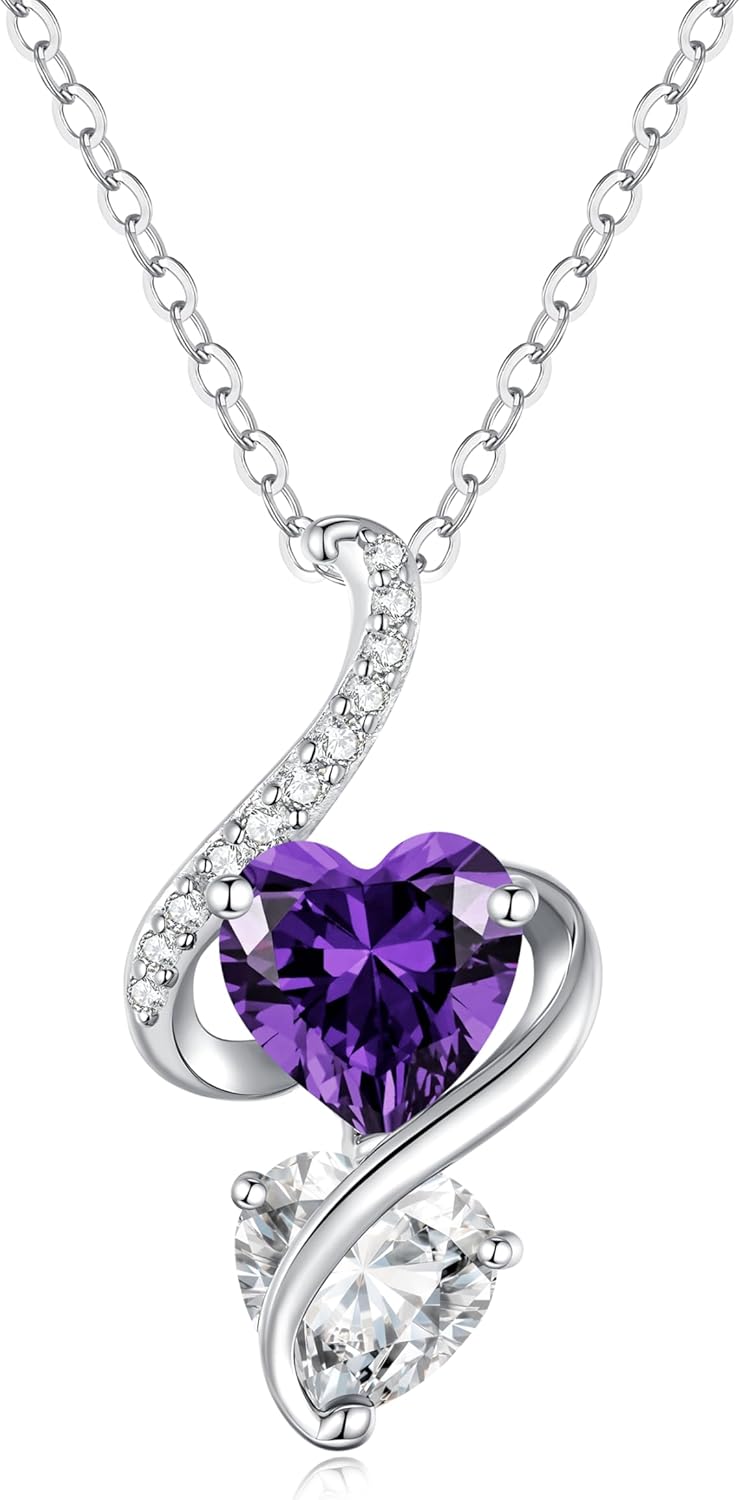 LOUISA SECRET Unique Double Heart Necklace Gifts for Wife Women, 925 Sterling Silver Tiny Birthstone Pendant Jewelry Gift for Her Girlfriend Mom Valentine's Day Anniversary Mother's Day Birthdays & Christmas