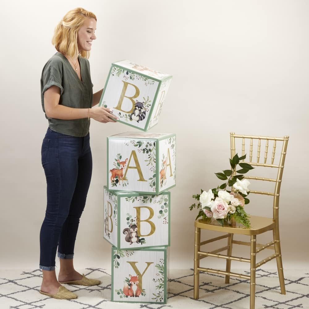 Kate Aspen Woodland Baby Boxes With Letters For Baby Shower Decorations, Gender Reveal Decoration, Photo Prop & Forest Animal Nursery Decor (Set of 4 Stackable Blocks Spells B-A-B-Y)