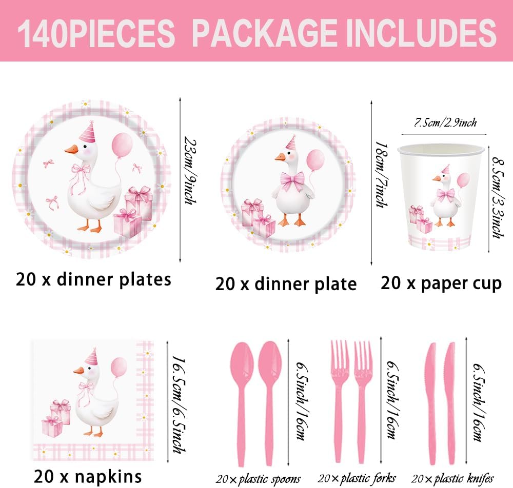 140pcs Pink Pet Duck Birthday Decorations Supplies, Disposable Paper Dinnerware Set Paper Plates Napkins Cups Set for 20 Guests Duck