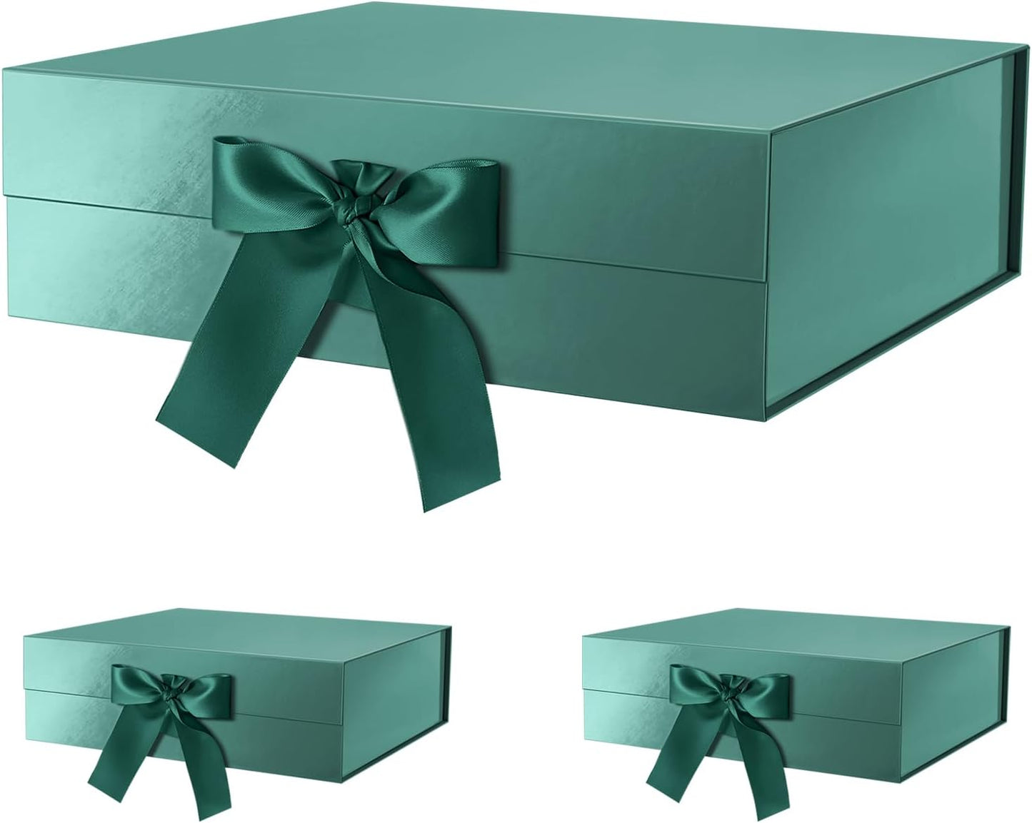 GREEN BEAN 3 Extra Large Gift Box with Lid for Present 16.3x14.2x5 Inches, Green Magnetic Box with Ribbon, Shirt Gift Boxes for Clothes (Glossy Green)