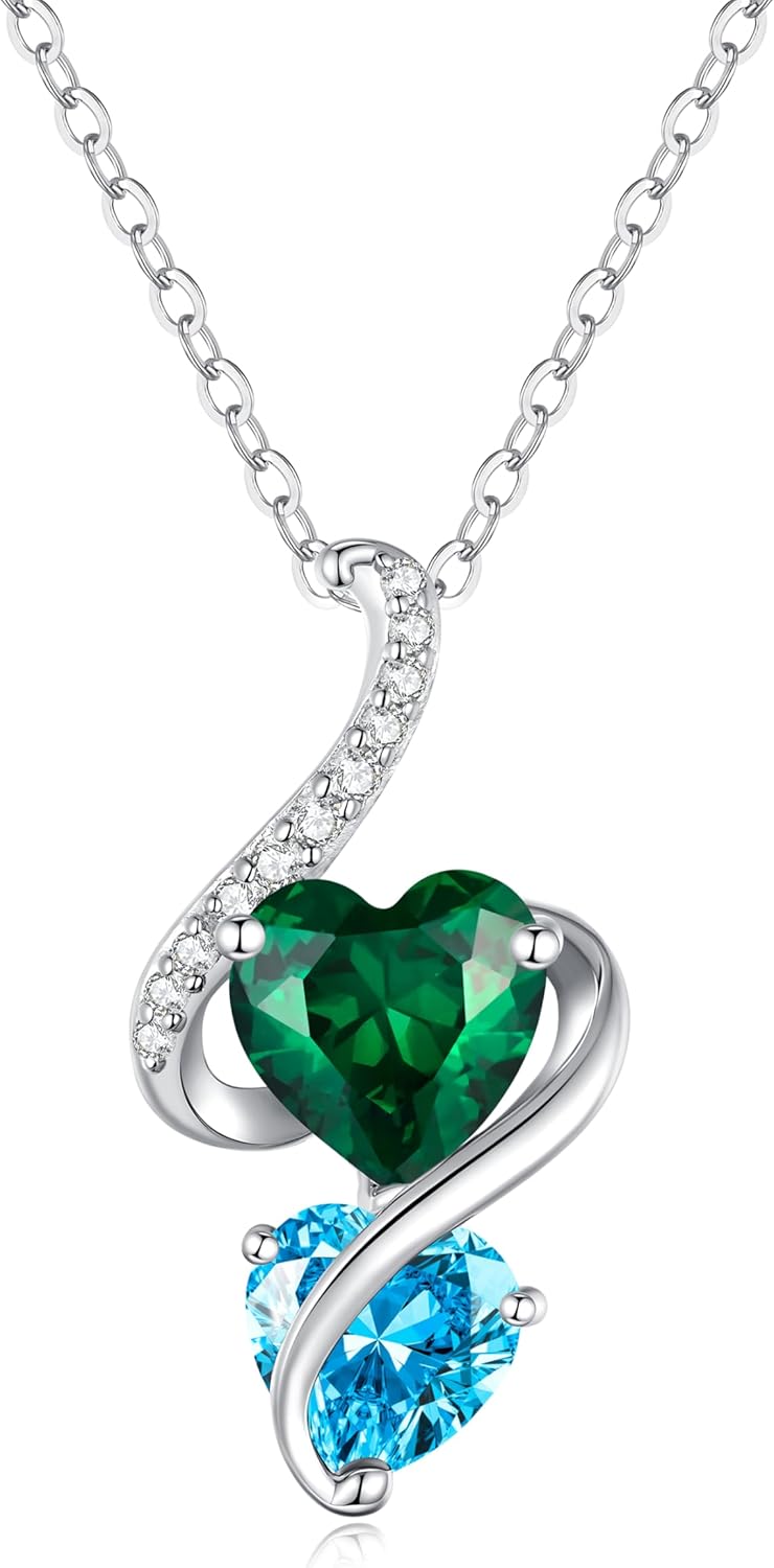 LOUISA SECRET Unique Double Heart Necklace Gifts for Wife Women, 925 Sterling Silver Tiny Birthstone Pendant Jewelry Gift for Her Girlfriend Mom Valentine's Day Anniversary Mother's Day Birthdays & Christmas
