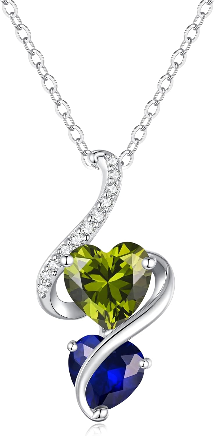 LOUISA SECRET Unique Double Heart Necklace Gifts for Wife Women, 925 Sterling Silver Tiny Birthstone Pendant Jewelry Gift for Her Girlfriend Mom Valentine's Day Anniversary Mother's Day Birthdays & Christmas