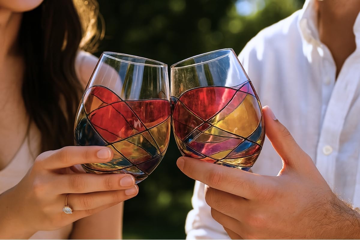 Stemless Wine Glasses – Hand‑Painted Set of 2 Unique Wine Gift for Wedding, Anniversary, Housewarming & Christmas • Sagrada Familia Style • Ideal for Women & Men