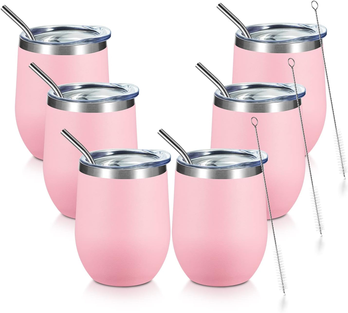 COMOOO Stainless Steel Wine Tumbler Set of 4 with Lid and Straw 12oz Double Wall Vacuum Insulated Travel Tumbler Cup Stemless for Hot and Cold Drinks,Coffee,Wine,Cocktails(Light Pink,6 Pack)