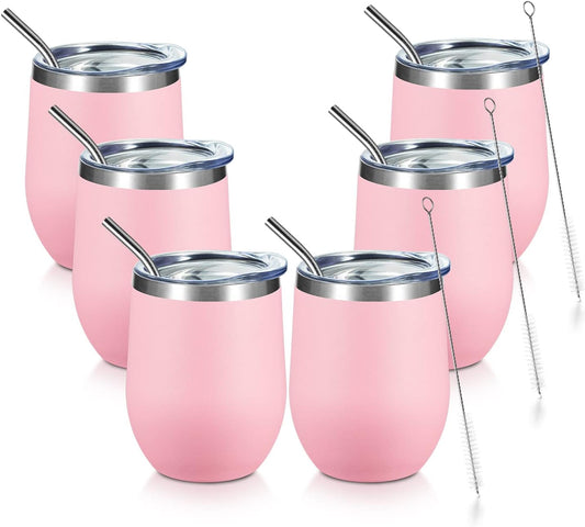COMOOO Stainless Steel Wine Tumbler Set of 4 with Lid and Straw 12oz Double Wall Vacuum Insulated Travel Tumbler Cup Stemless for Hot and Cold Drinks,Coffee,Wine,Cocktails(Light Pink,6 Pack)