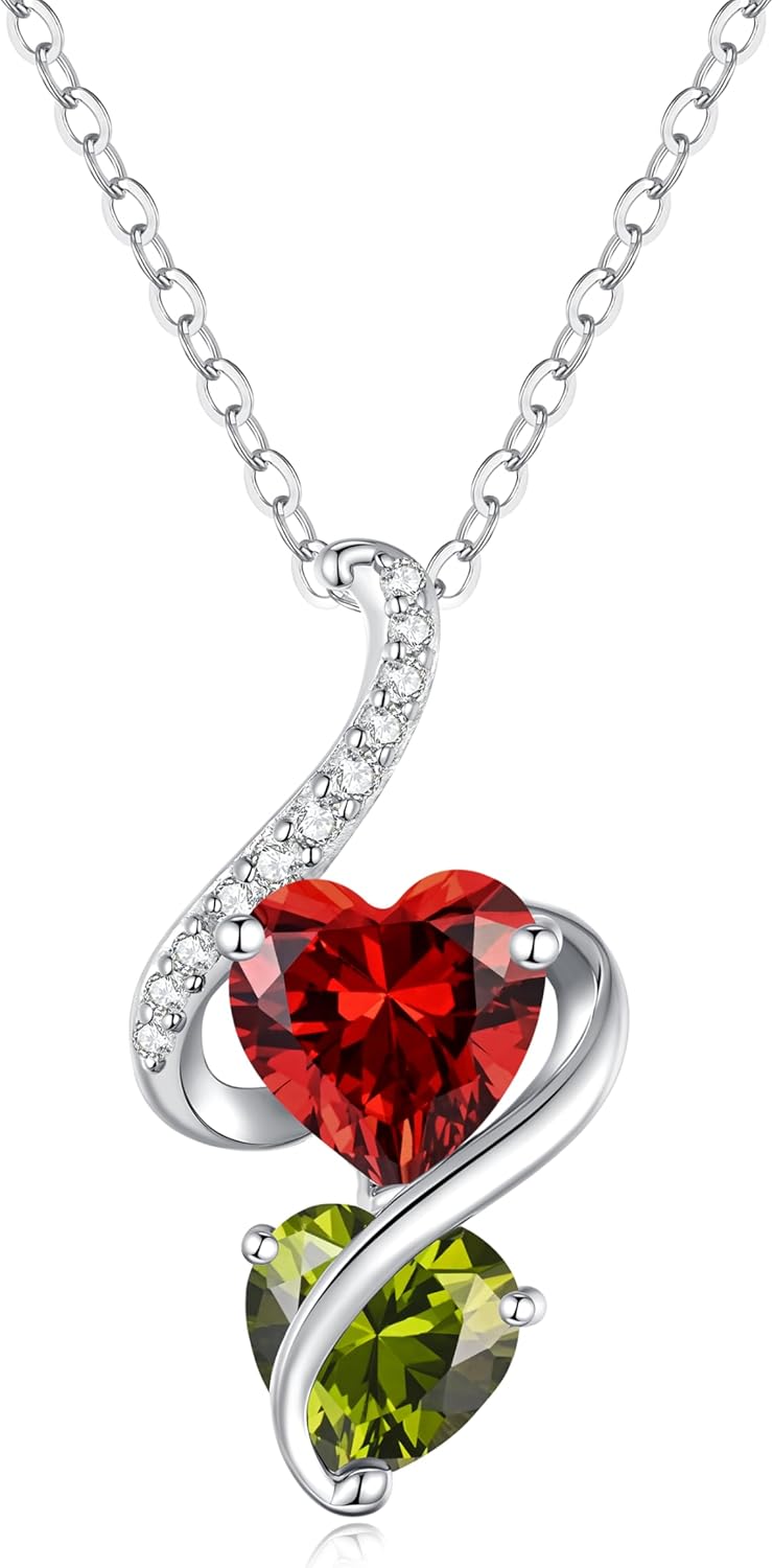 LOUISA SECRET Unique Double Heart Necklace Gifts for Wife Women, 925 Sterling Silver Tiny Birthstone Pendant Jewelry Gift for Her Girlfriend Mom Valentine's Day Anniversary Mother's Day Birthdays & Christmas