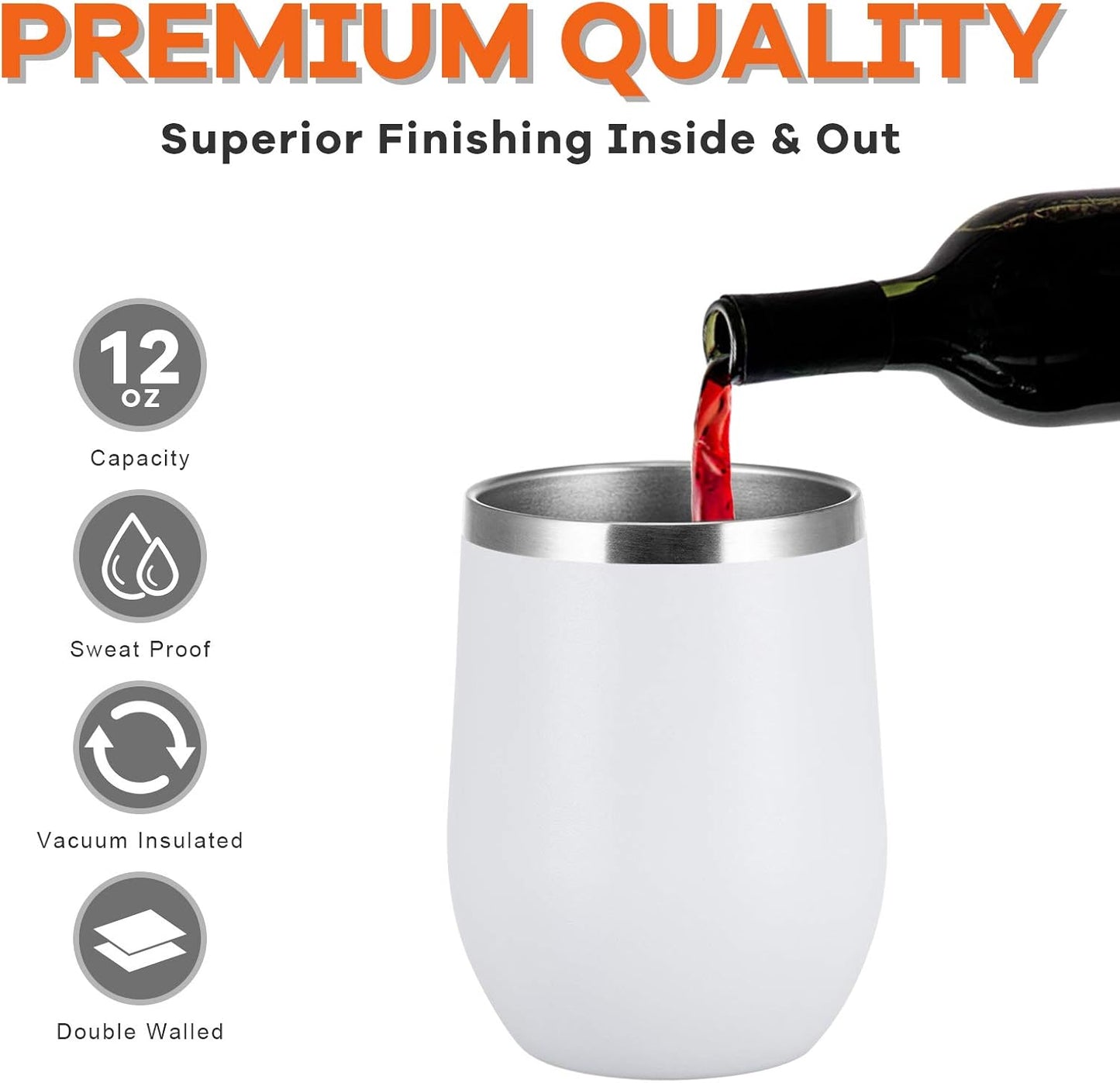 COMOOO 12oz Wine Tumbler with Lid and Straw, Stainless Steel Stemlss Wine Glass, Double Wall Vacuum Insulated Wine Tumbler Cup for Wine, Cocktails, Champaign,Travel,Office,White, 6 Pack