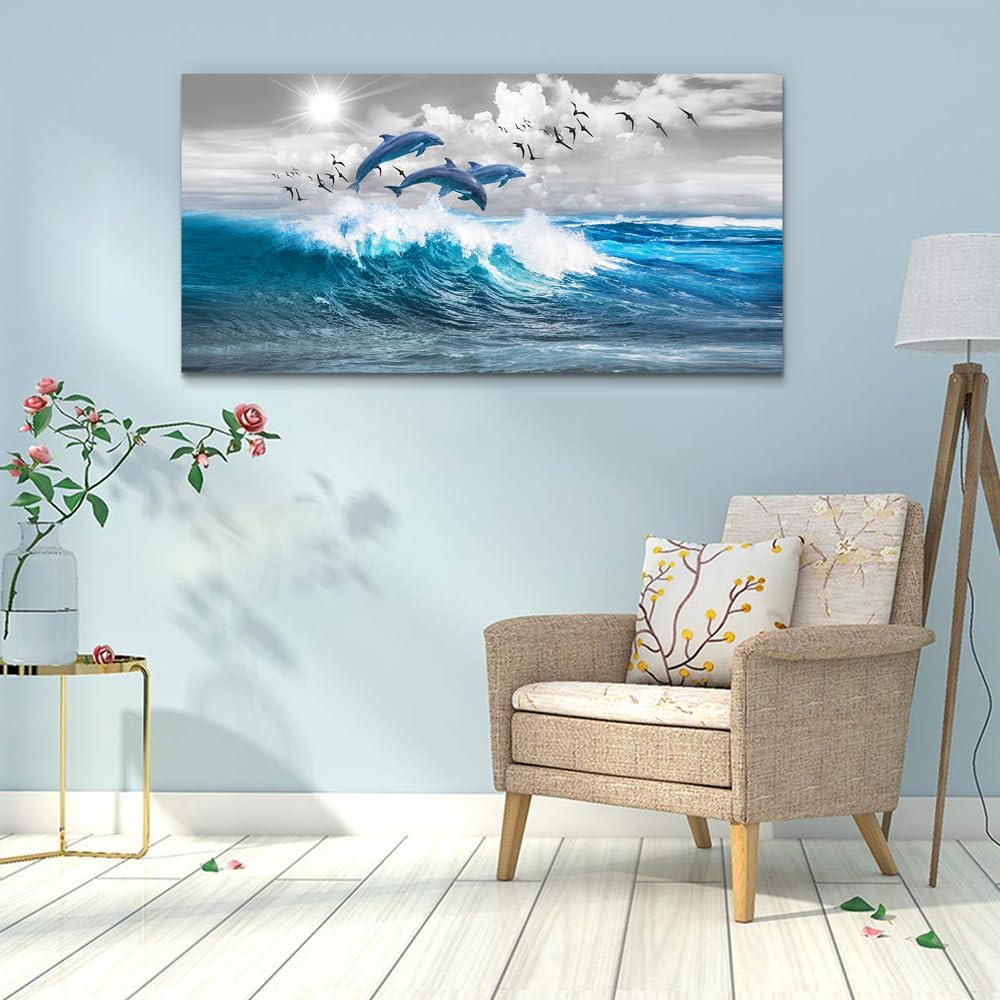 Wapluam Large Size Canvas Art - Blue Waves Of The Sea Wall Art For Living Room & Bedroom - Modern Office Decoration