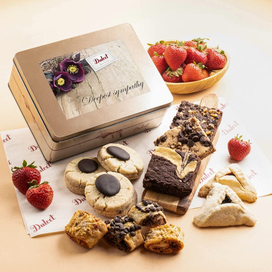 Dulcet Gift Basket for Miscarriage Gifts for Mothers - Grief Gifts for Women - Condolences Gift Basket for Loss - Food Basket Filled with Cookies, Brownies, Rugelah, and Assortment. Sympathy Food Gift Baskets, Condolence Gifts to send.