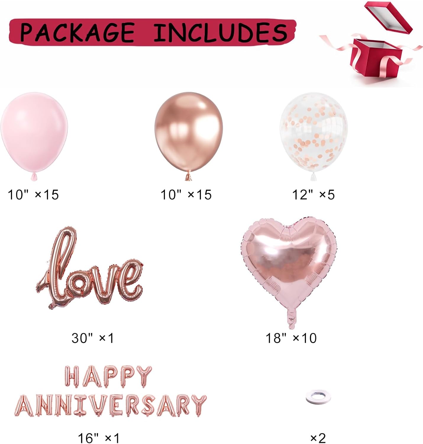 Anniversary Decorations, Happy Anniversary Banner, Pink Hanging String Hearts, Pink and Rose Gold Balloons, Love Balloon, Red Silk Rose Petals for Wedding Bridal Shower Bachelorette Party Decorations